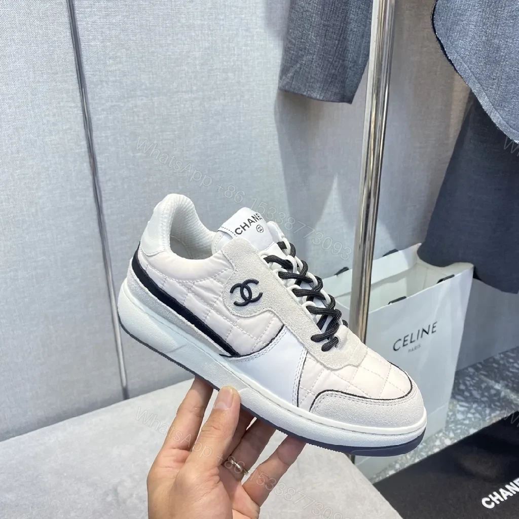 White Leather-Trim Sneaker with Quilted Detail, Luxury Casual Sneaker — view 1