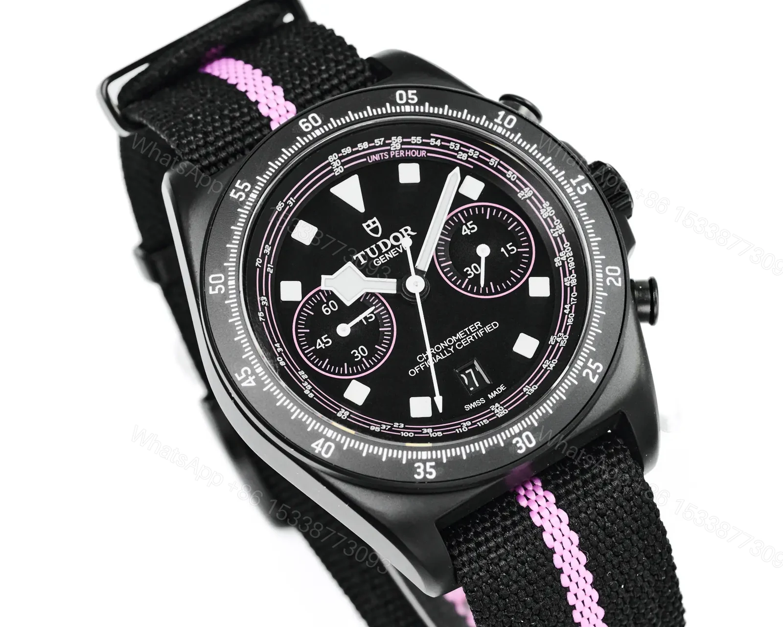 View 4 of Tudor FXD Chronograph Black Dial Pink Stripe Fabric Strap Premium 43MM TUD-FXD-CHRONO-BLK-PNK-FAB-43