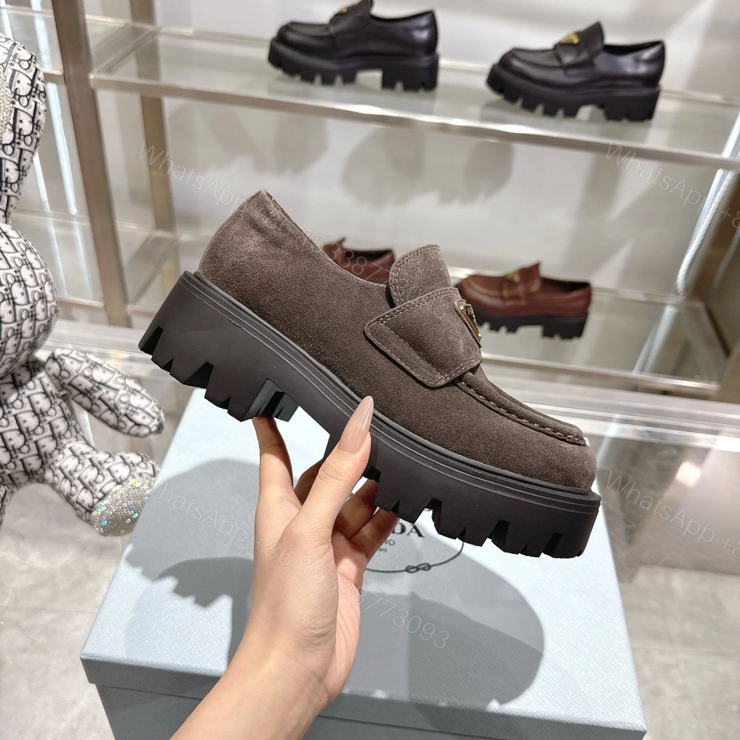 View 6 of Prada Chocolate Suede Loafers Dark Brown