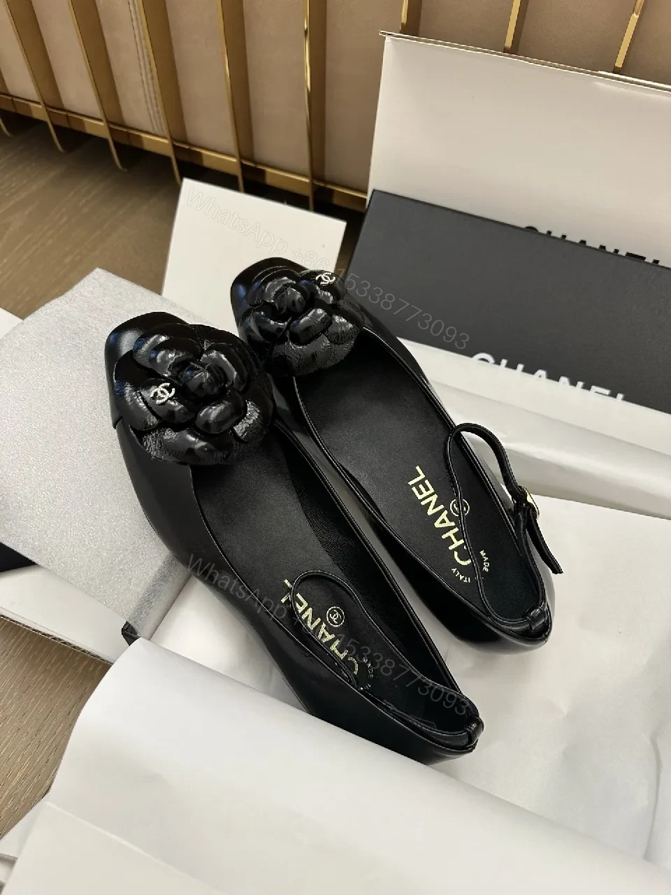 View 7 of Glam Black Patent Flats with Floral Overlay, Slip-On Shoes