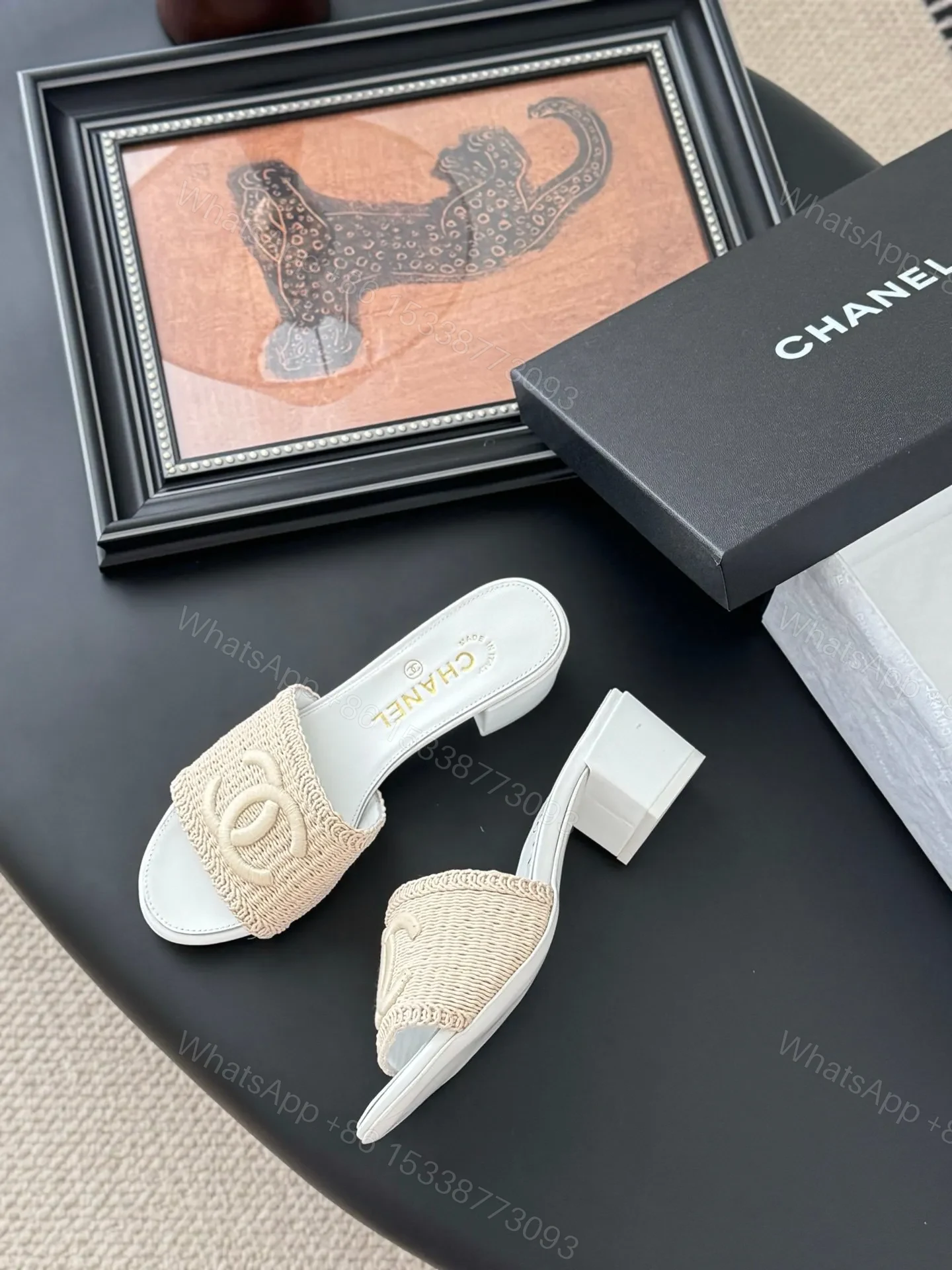 View 4 of Chanel Women Beige Woven Fabric Slides