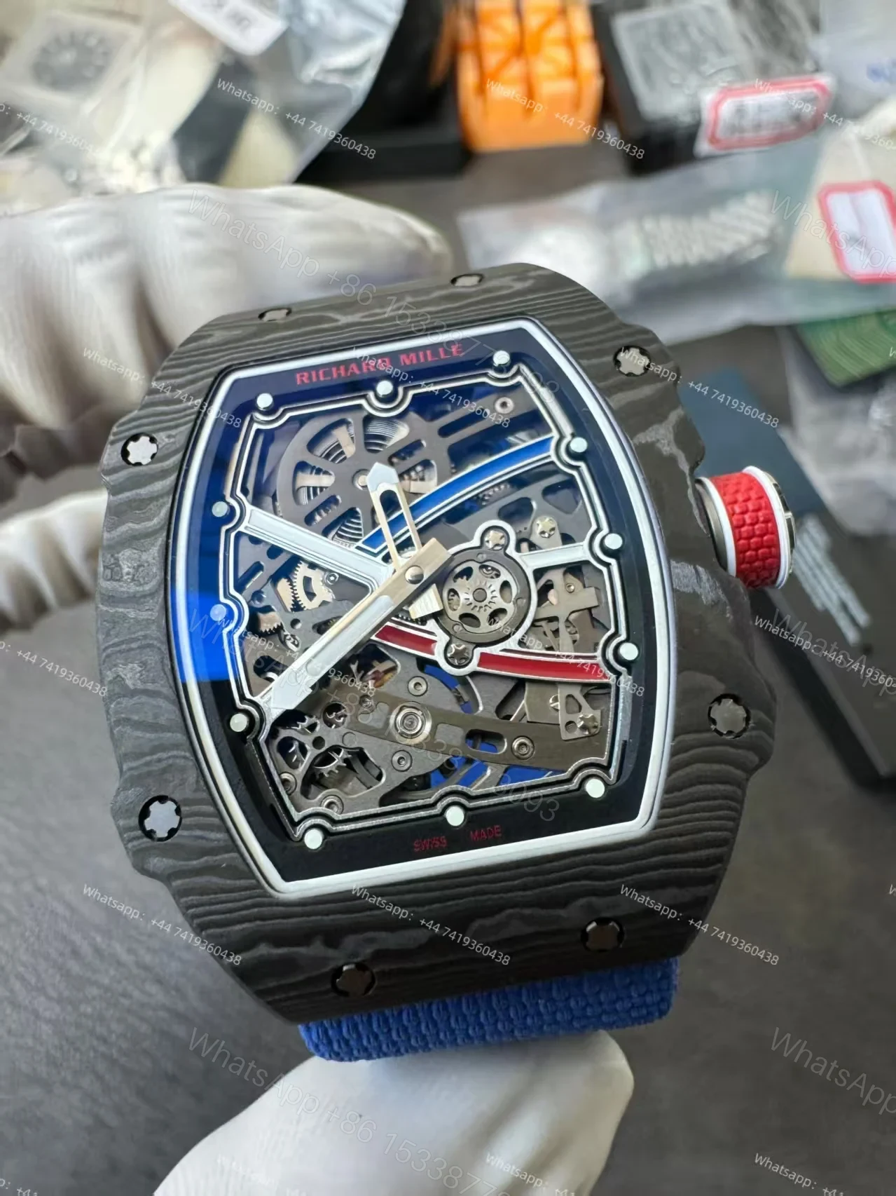 View 3 of Super Clone Richard Mille RM67-02 Carbon TPT Skeleton Tourbillon 1:1 Replica Watch with Blue Strap