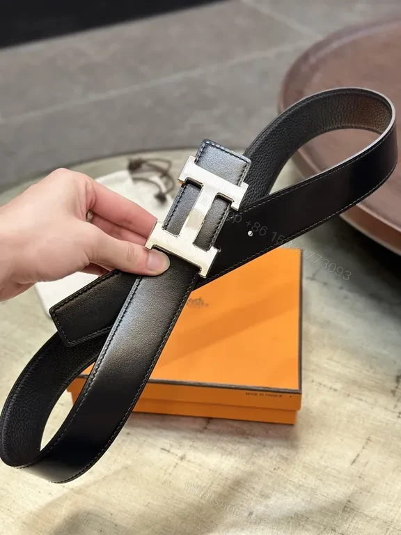 View 4 of Black Leather Hermes-Style H Buckle Belt - Modern Luxury Everyday Versatility