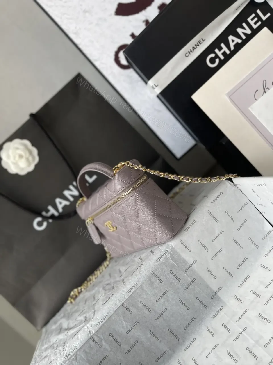 View 2 of Lavender Quilted Mini Bag with Gold Chain & Top Handle
