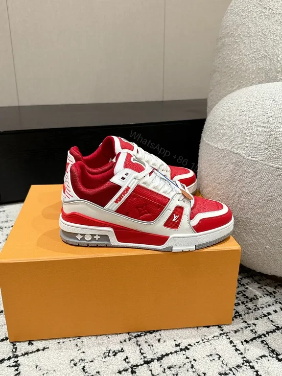 View 8 of Bold Red-White Luxe High-Top Sneaker with LV-Inspired Details