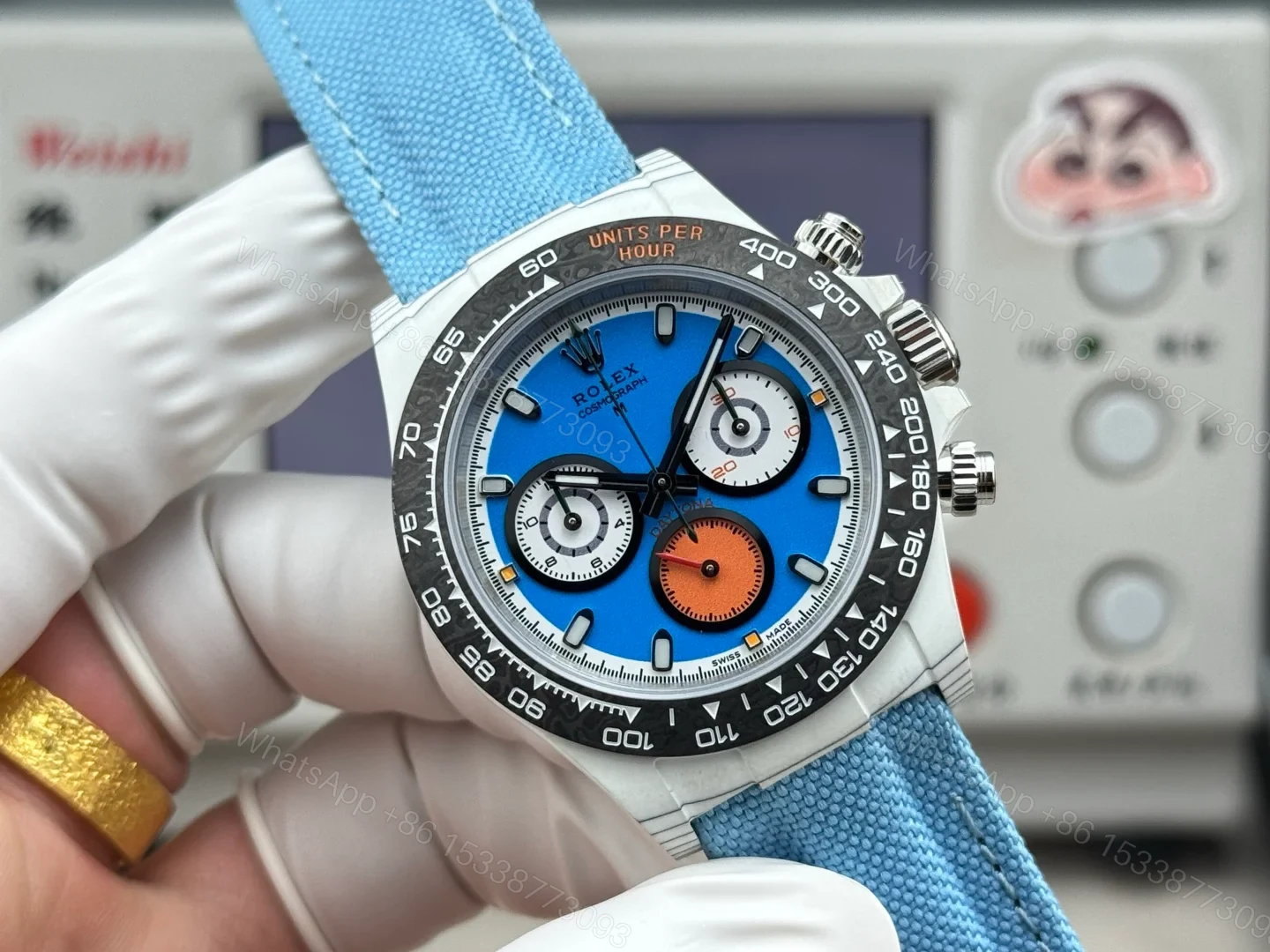 View 2 of Rolex Daytona Carbon Fiber Blue Replica 40MM Premium Black Bezel Blue Fabric Strap R74-BLUE
