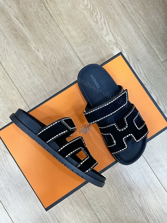 View 5 of Hermes-Inspired Black Slides with Geometric Stitch Detailing