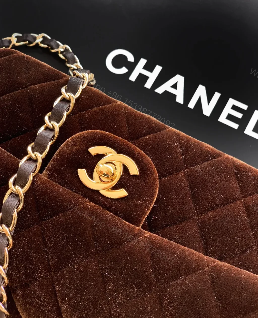 View 5 of Velvet Quilted Crossbody Bag: Gold Logo Flair