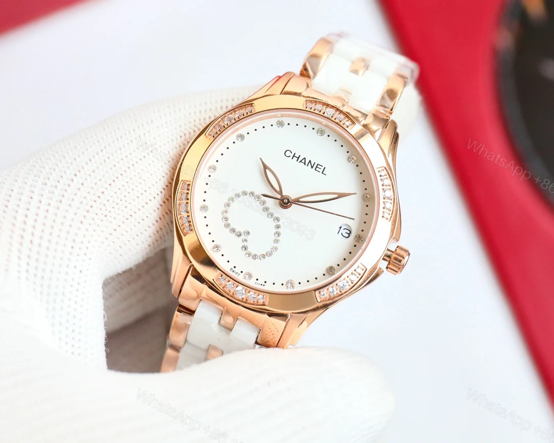 CHANEL J12高仿白面玫瑰金女錶 鑽圈雙C設計陶瓷鏈帶 — view 1