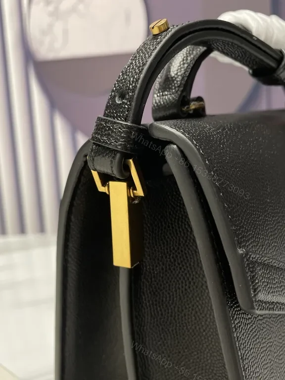 View 7 of Black Pebbled Leather Flap Bag - Gold Logo, Structured Chic Bag