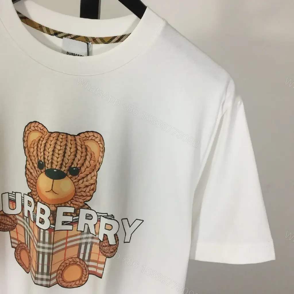 View 4 of White Cotton Tee, Burberry Bear Graphic, Relaxed Fit, Premium Comfort Tee