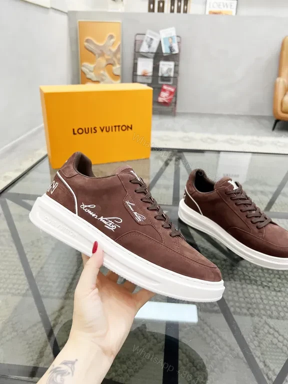 View 4 of Rich Leather LV Emblem Low-Top Sneakers - Suede, White Sole