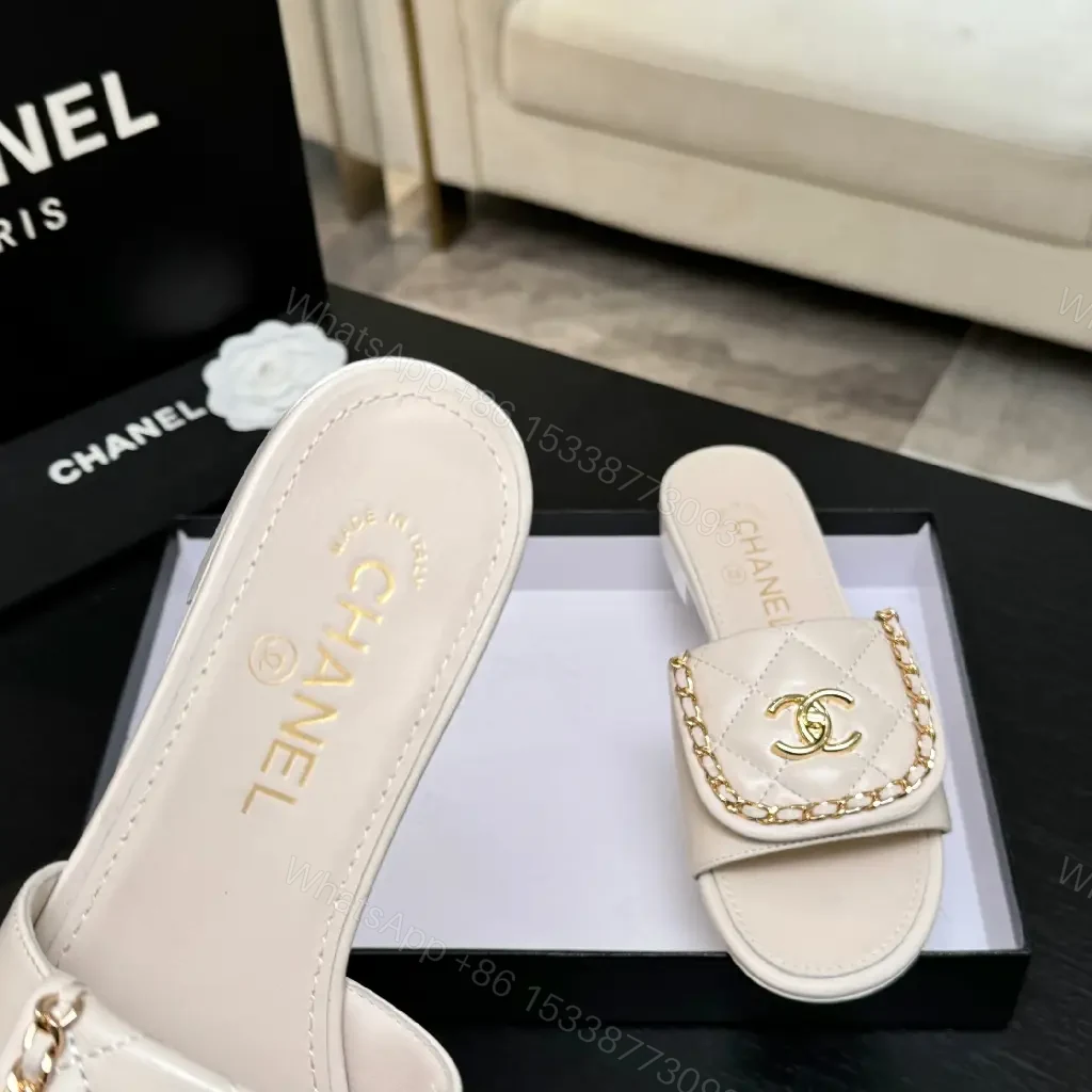View 4 of Quilted Leather Slides + Gold Emblem + Luxury Casual Slip-ons