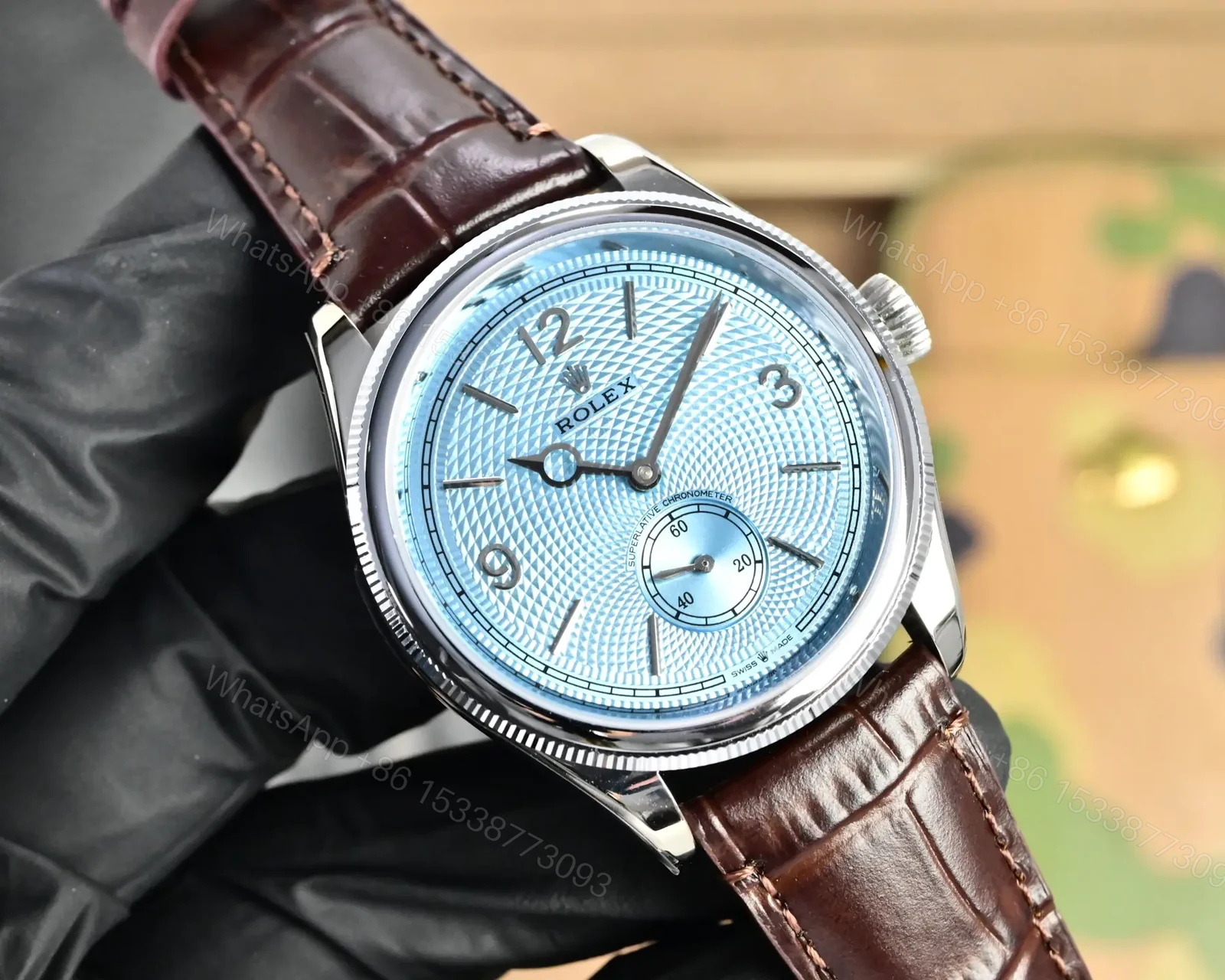 View 2 of Rolex Perpetual 1908 39 Platinum Ice Blue Dial Brown Leather Strap 52506-0002