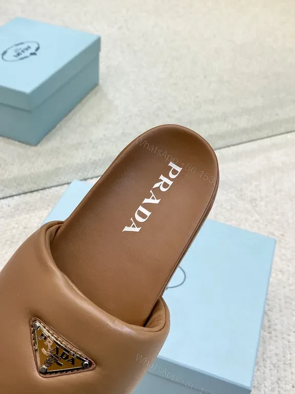 View 3 of Brown Leather Prada-Trim Slide Sandals with Modern Edge