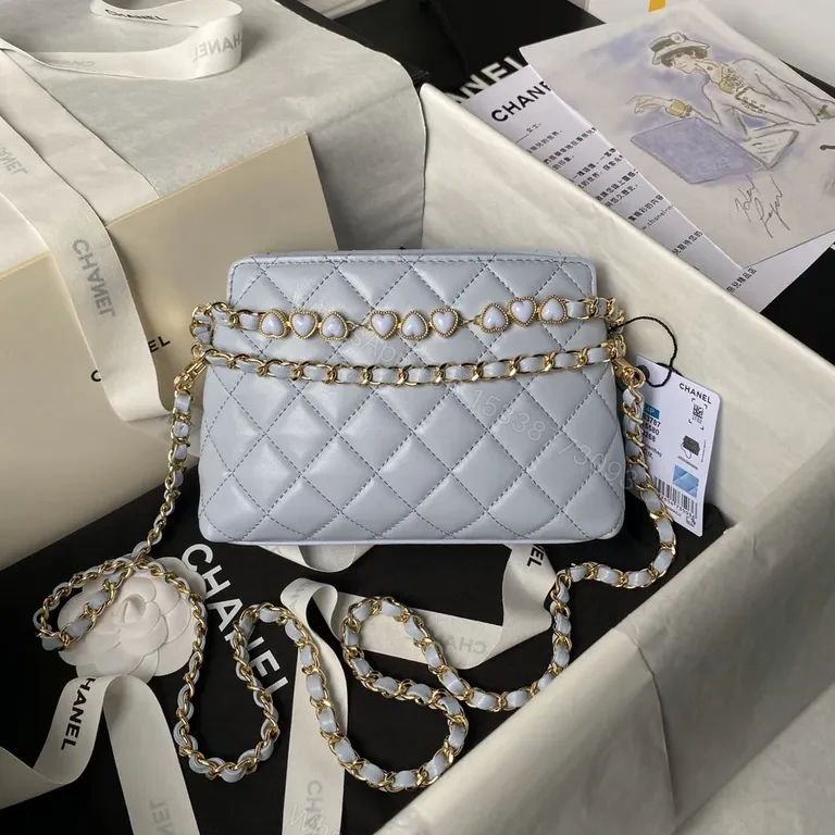 View 8 of Soft Denim-Blue Chanel-Style Quilt Mini Bag with Gold Chain