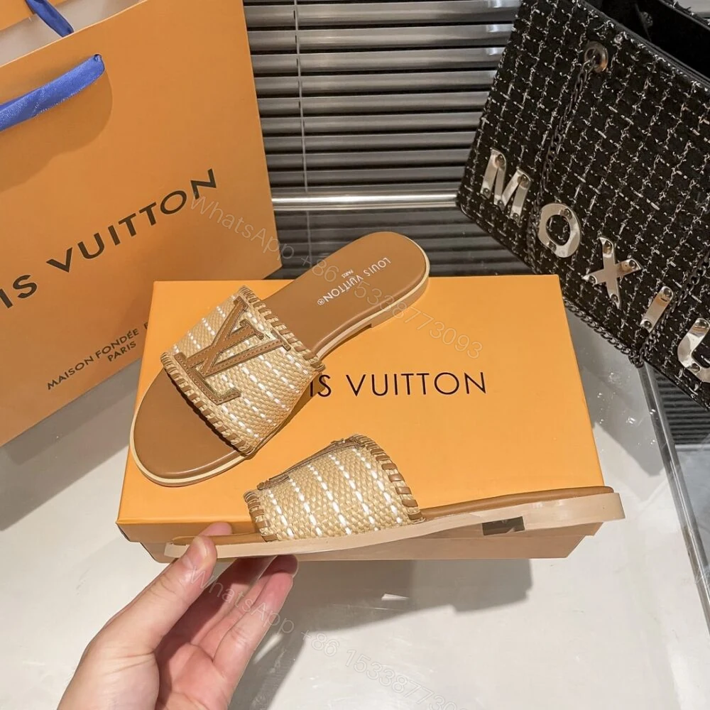 View 7 of Louis Vuitton Lock It Flat Raffia Mules Brown
