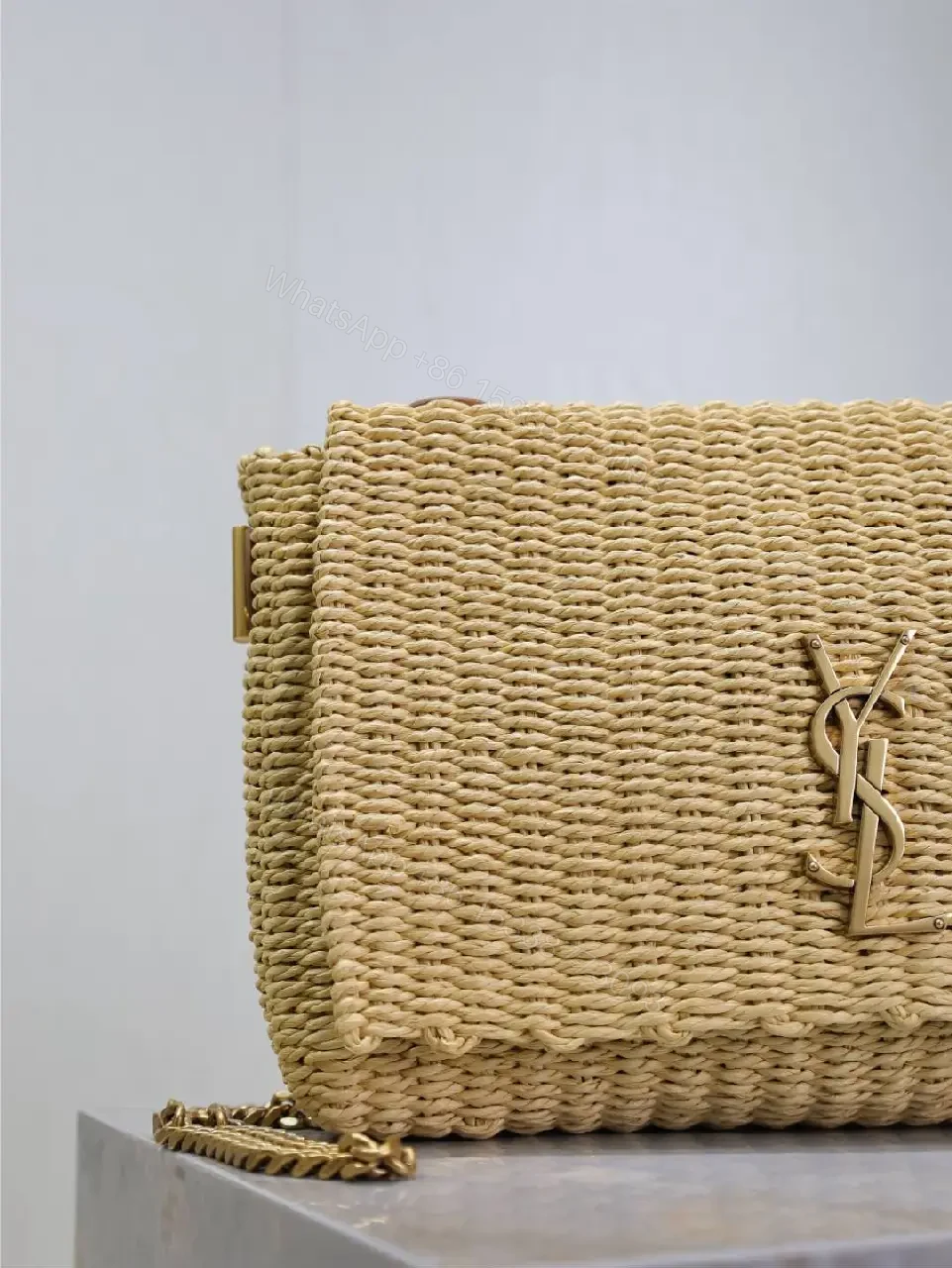 View 2 of Natural Straw Clutch with Signature Hardware, Fold-Over Accent + Compact