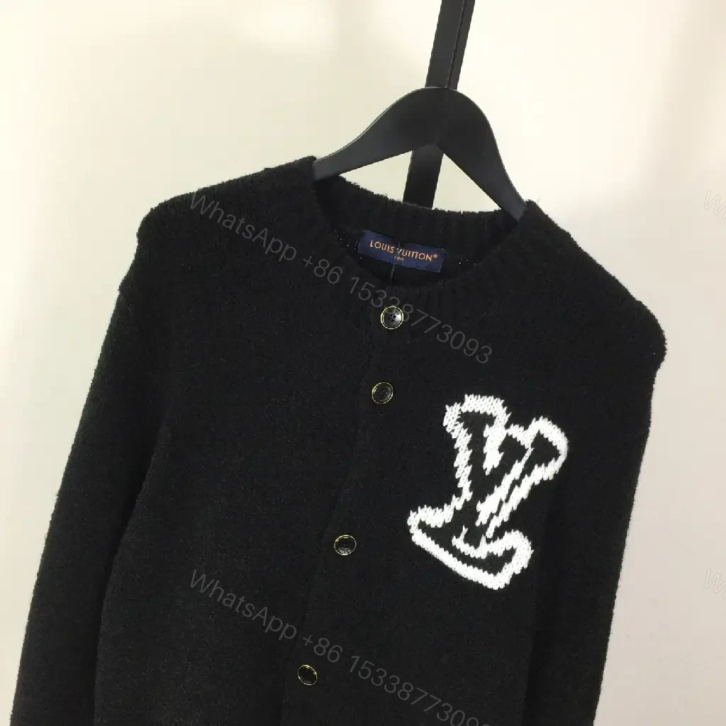 View 5 of Lux Black Textured Cardigan with White Logo Accent