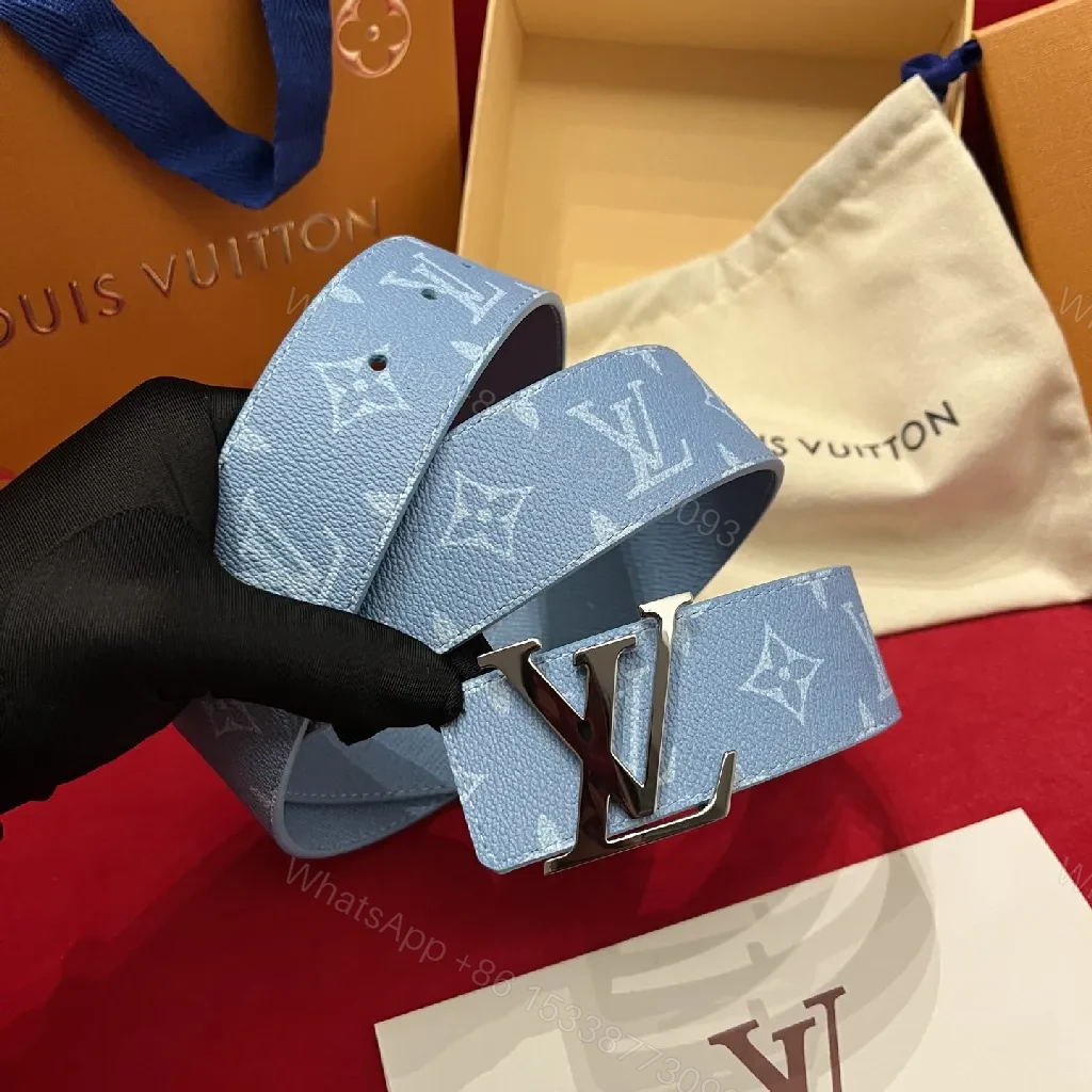Light-Blue Pebbled Leather Belt with Monogram Detail — view 1
