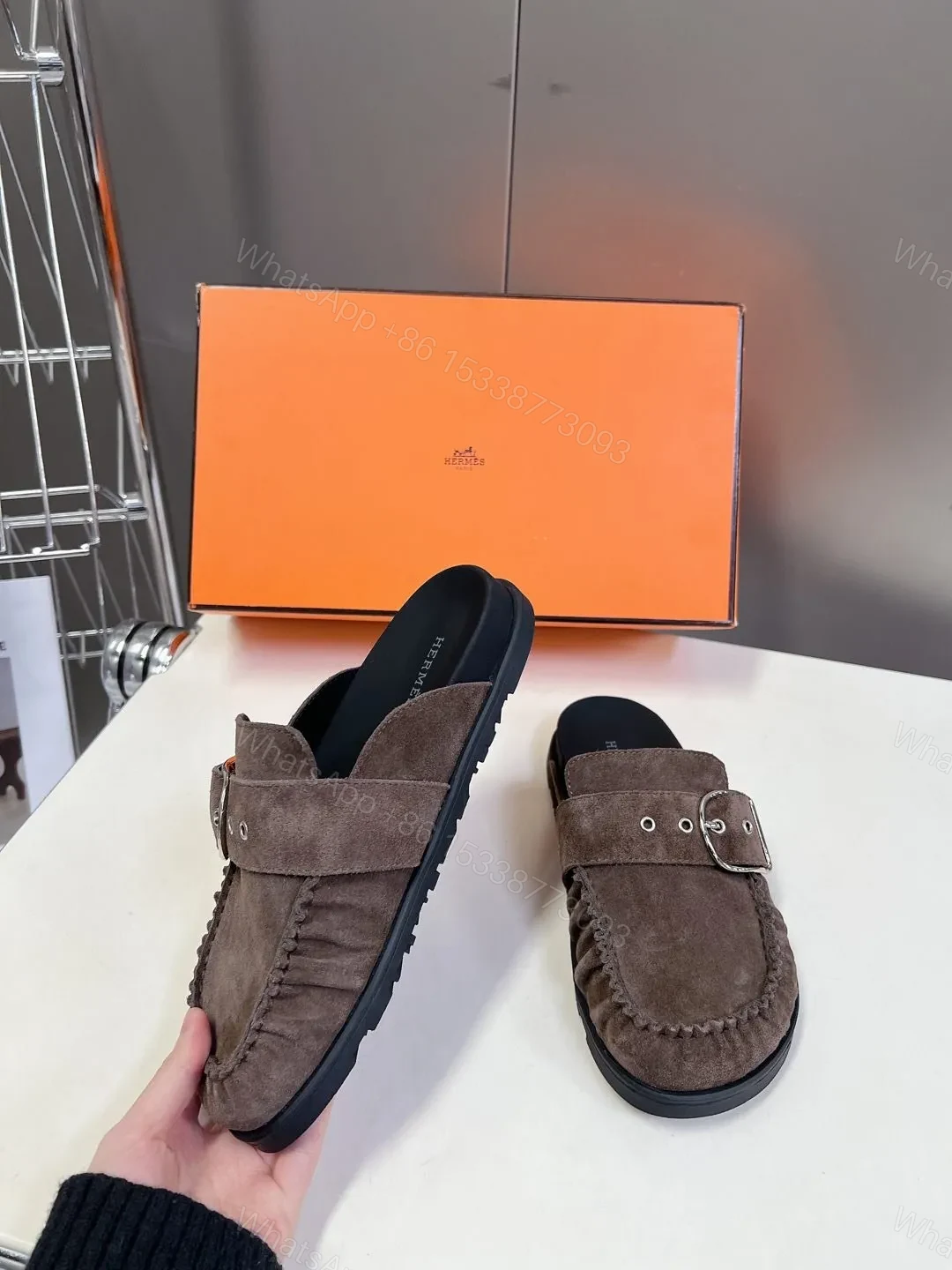 View 3 of Hermes Women Brown Suede Buckle Mules