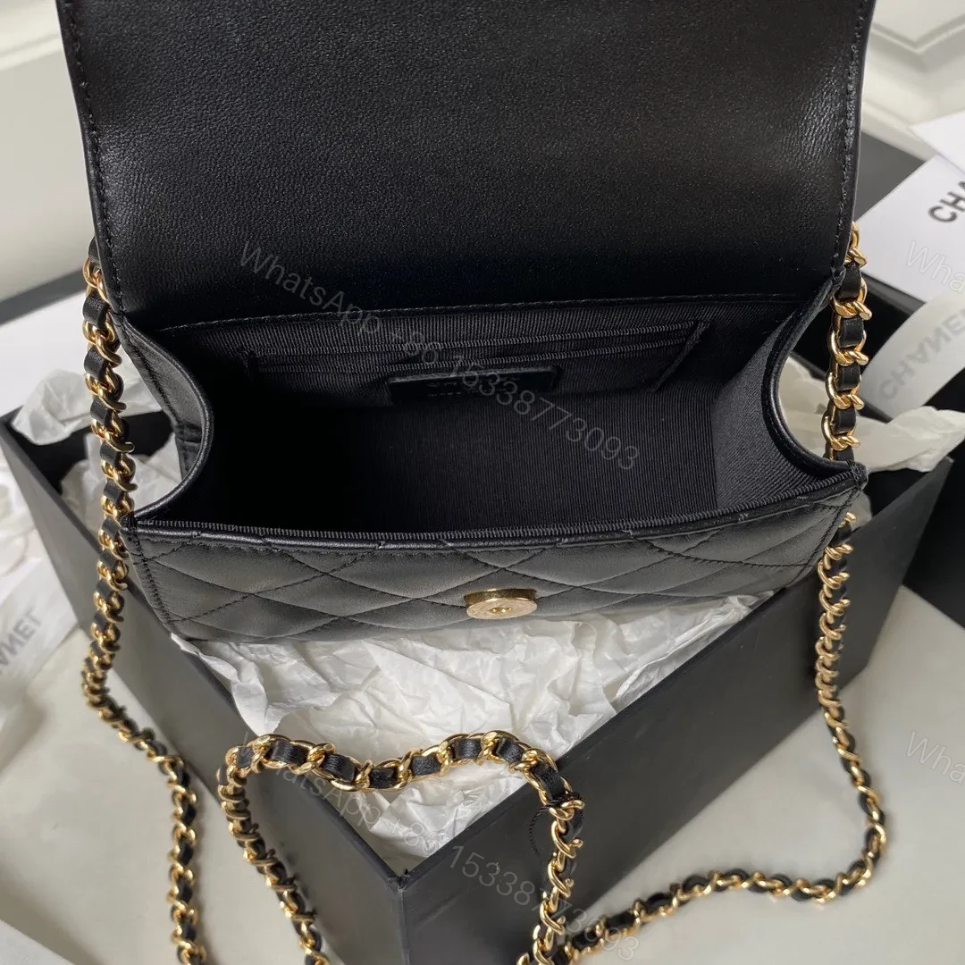 View 6 of Chanel Woc Pearl Handle Plated Handbags Black Leather With Lock Gold 11.5×14.5×5.5cm