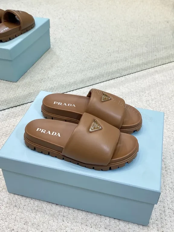 View 5 of Brown Leather Prada-Trim Slide Sandals with Modern Edge