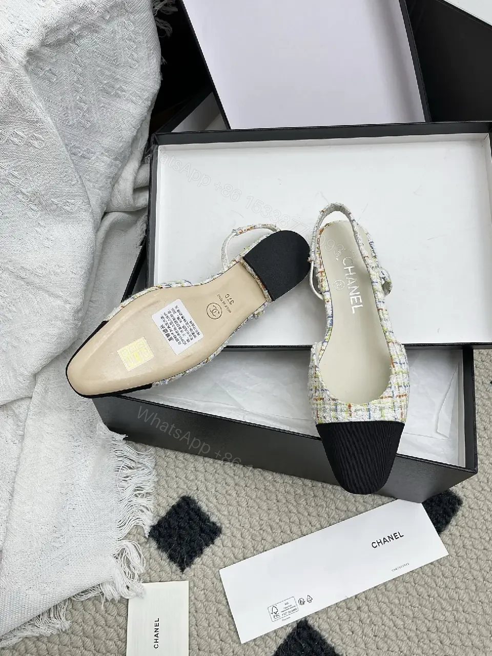 View 3 of Tweed Slingback Pumps with Black Cap Toe - Luxe Comfort
