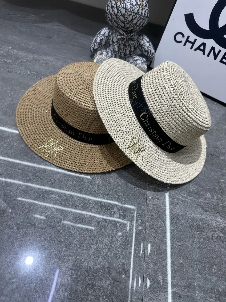 View 3 of Beige Straw Wide-Brim Hat with Dior Band (Emblem)