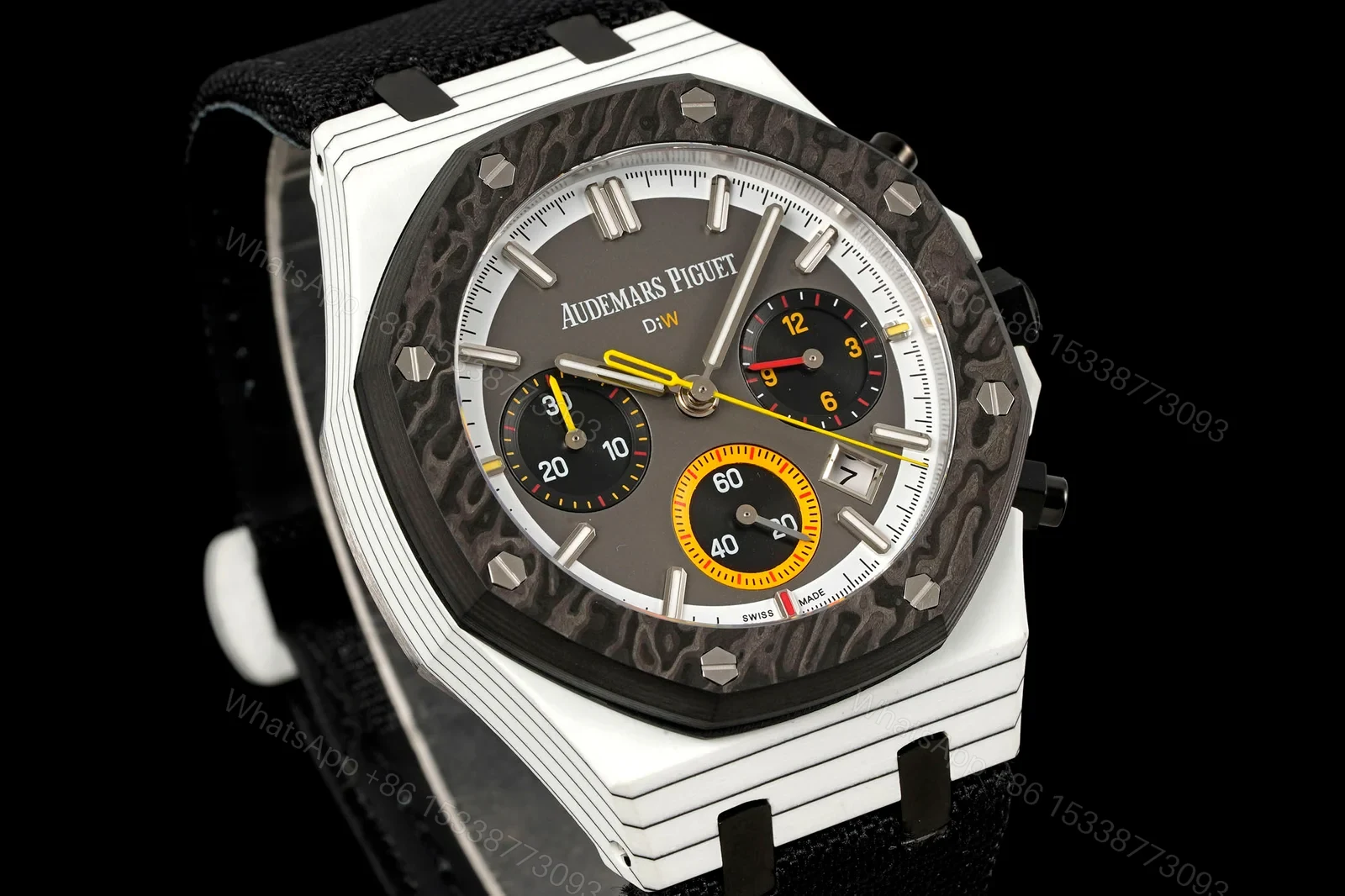 View 2 of Audemars Piguet Replica Royal Oak Chronograph 42MM Premium Carbon Bezel Black Strap Edition Audemars Piguet Replica Royal Oak Chronograph 42MM Premium Carbon Bezel White Strap Edition AP-RO-CB-BLK-42