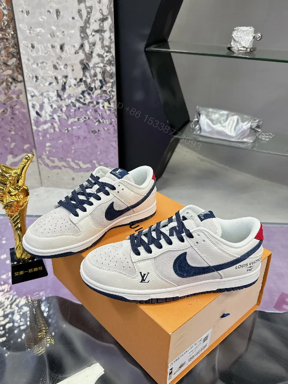 View 2 of White Leather Navy Accented Low-Top Sneakers: Premium Comfort, Subtle LV-Inspired Detailing