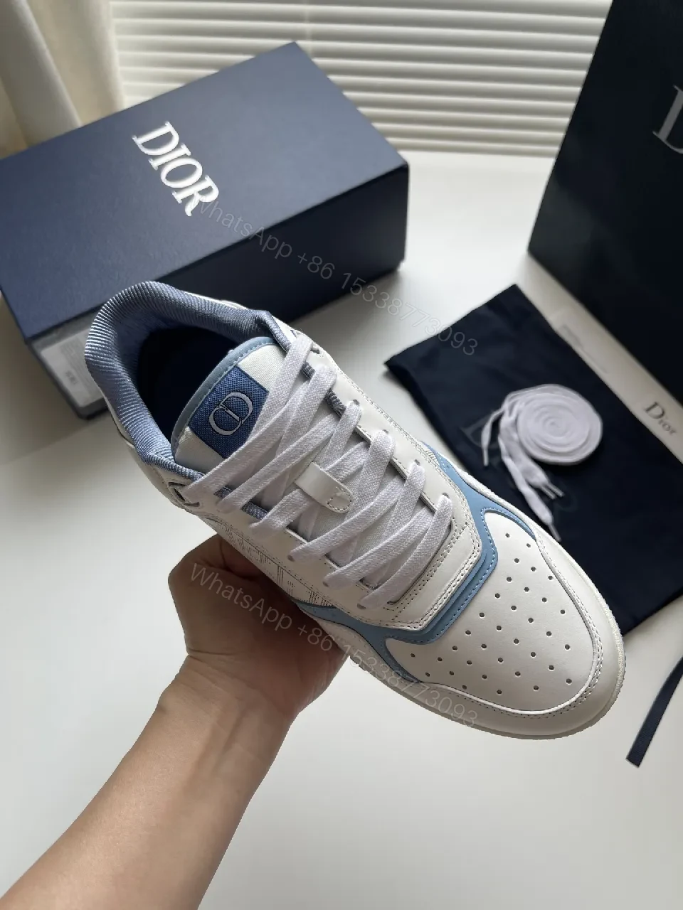 View 8 of White & Ice Blue Leather Sneakers: Subtle Luxury Trainer