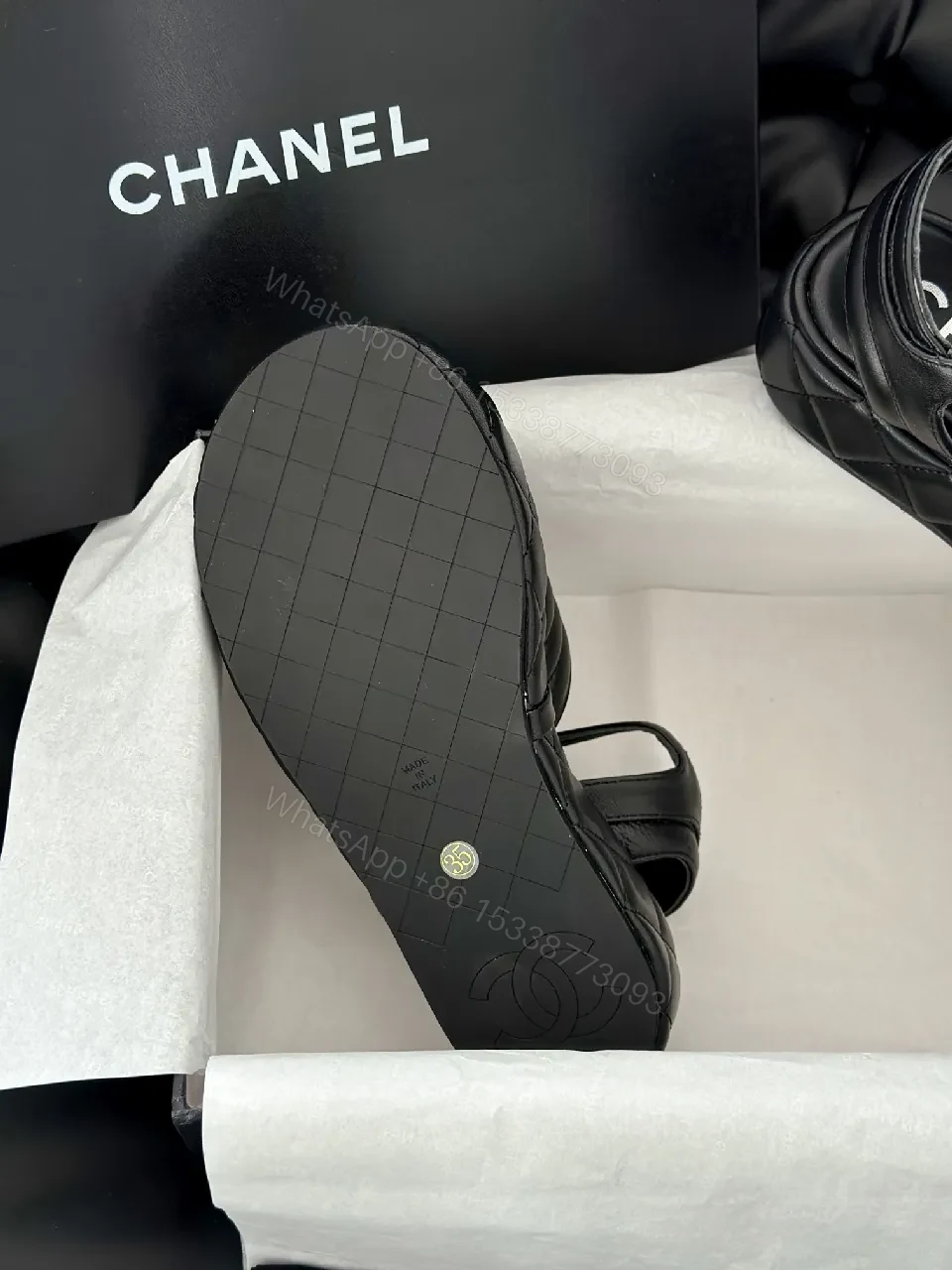 View 3 of Black Leather Quilted Sandals with Interlocking Detail, Platform Style