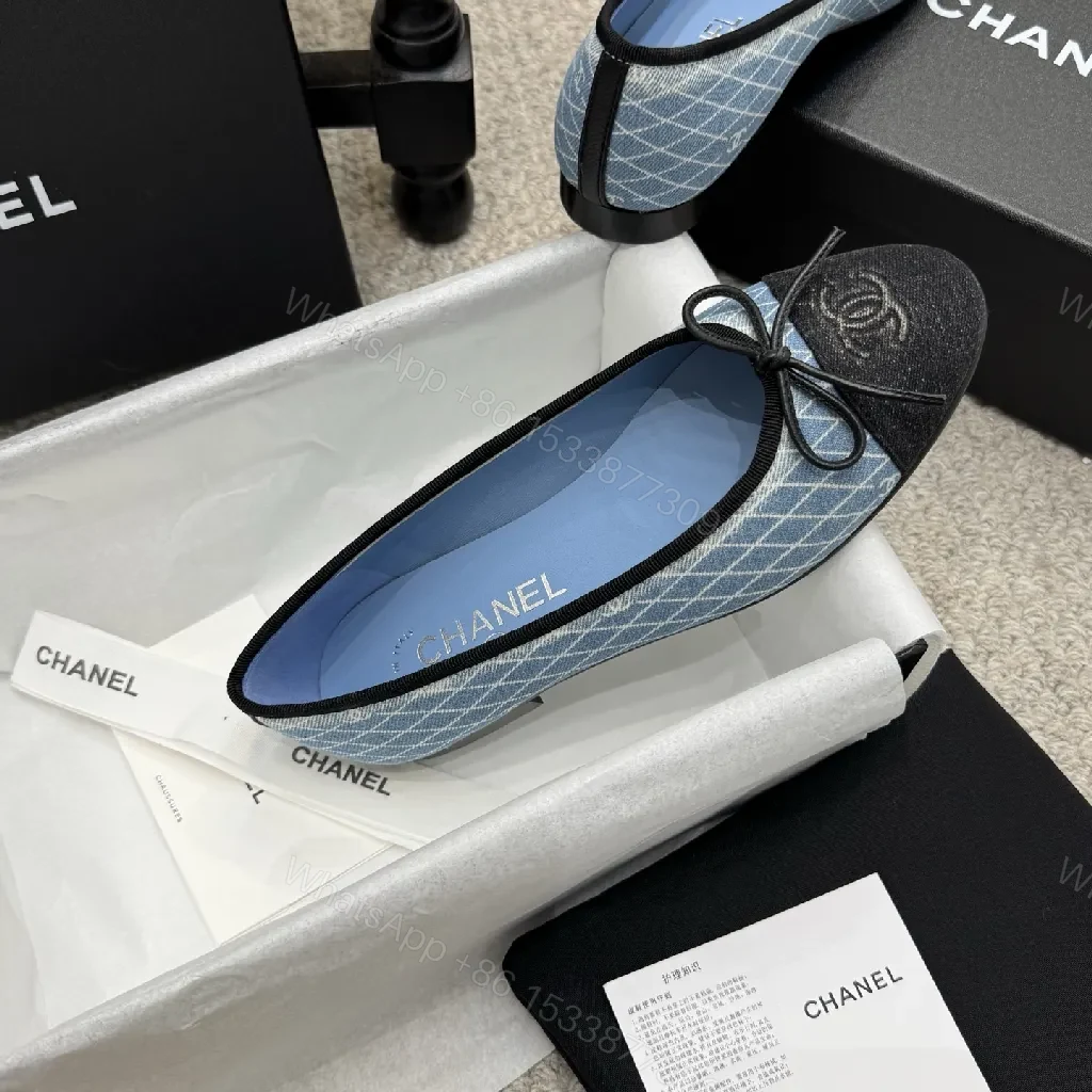 View 2 of Denim-Texture Pointed-Toe Flats with Monogram Detail – Luxe Everyday Style