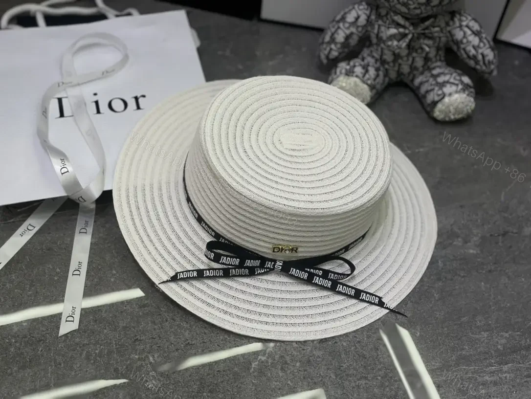 View 6 of Beige/Black Wide-Brim Straw Hat with L’ADIOR Ribbon, DIOR Emblem