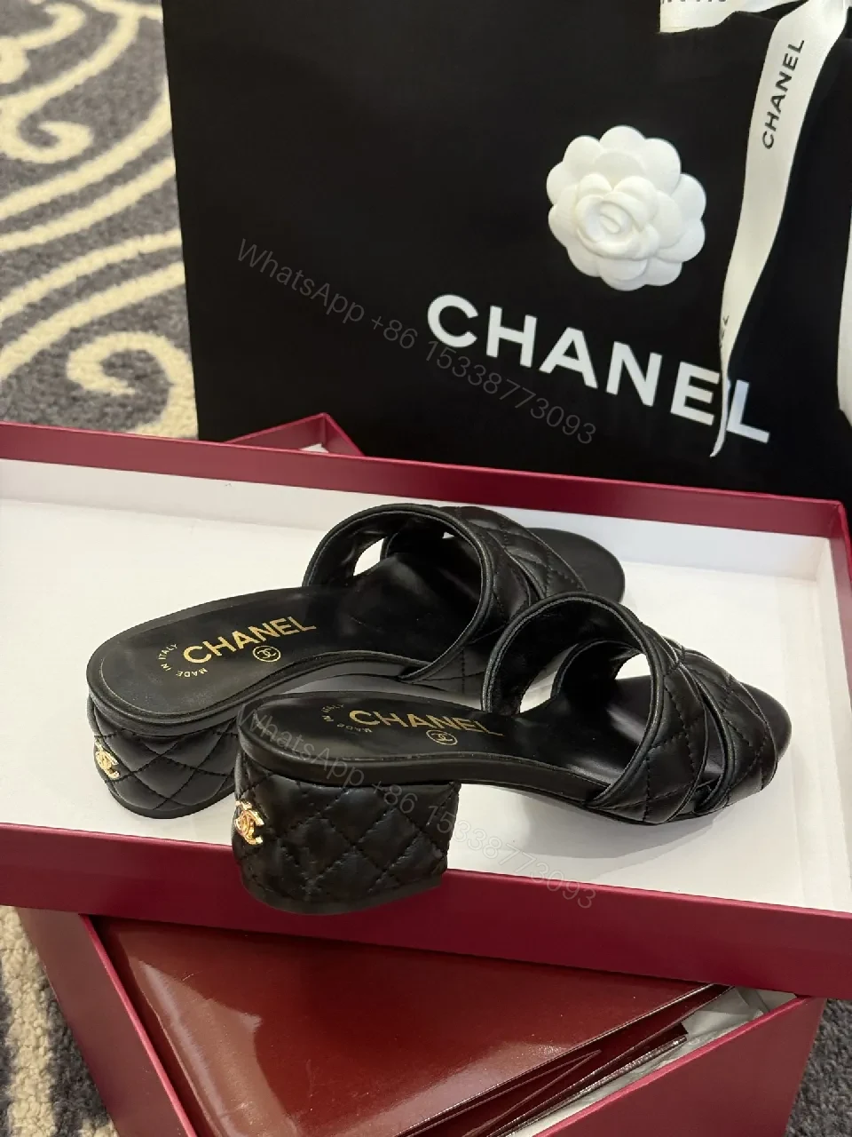 View 4 of Quilted Leather Mules – Black, Open-Toe, Low Block Heel