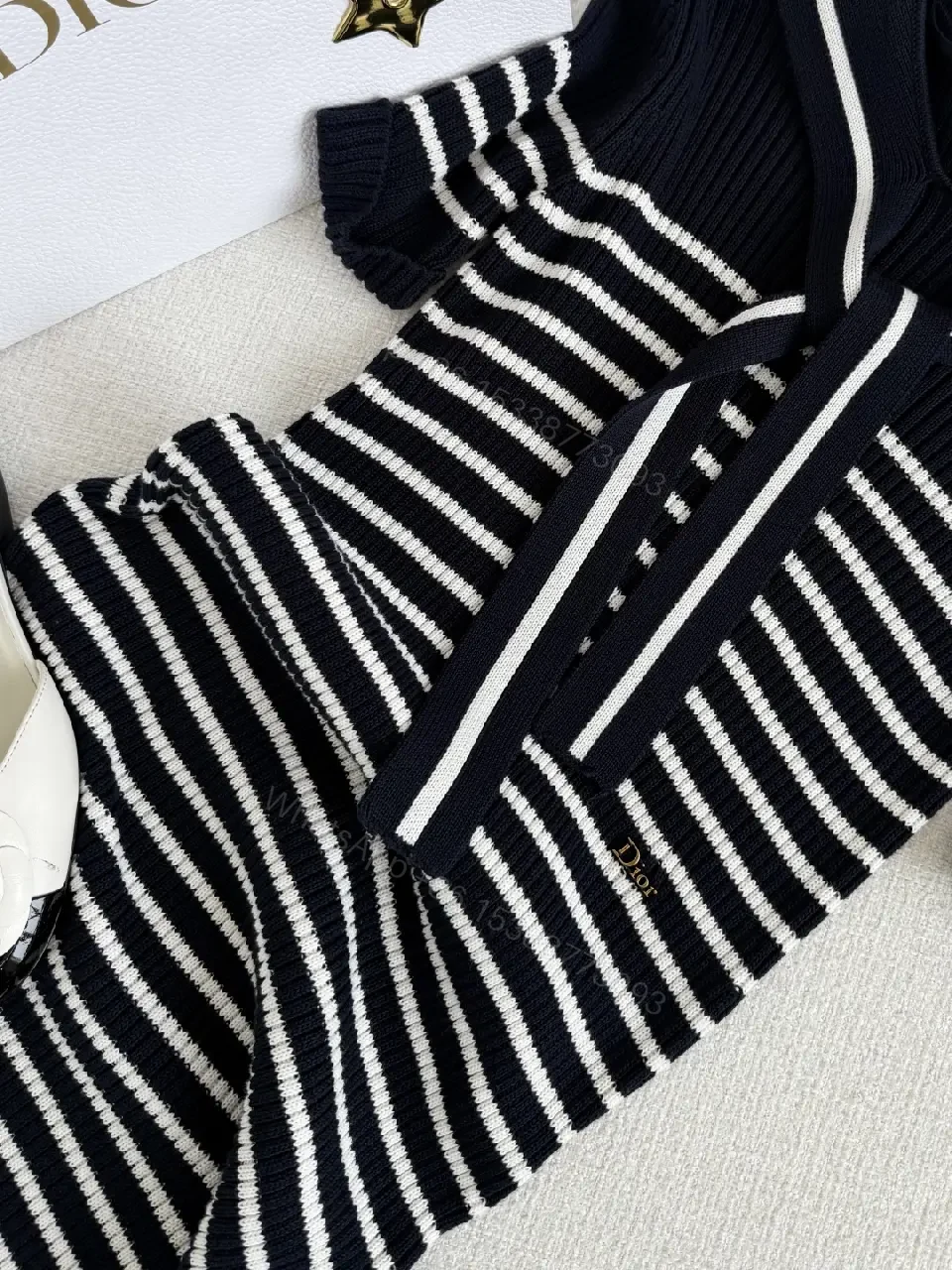 View 9 of Navy White Striped Knit Dress with Bow Tie - Dior-inspired