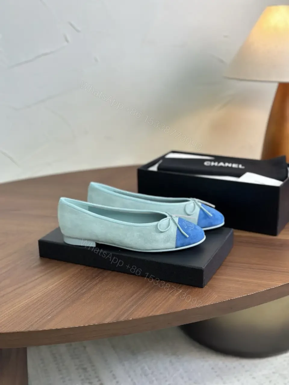 View 5 of Grey leather ballet flats with blue cap-toe and bow, luxury everyday wear