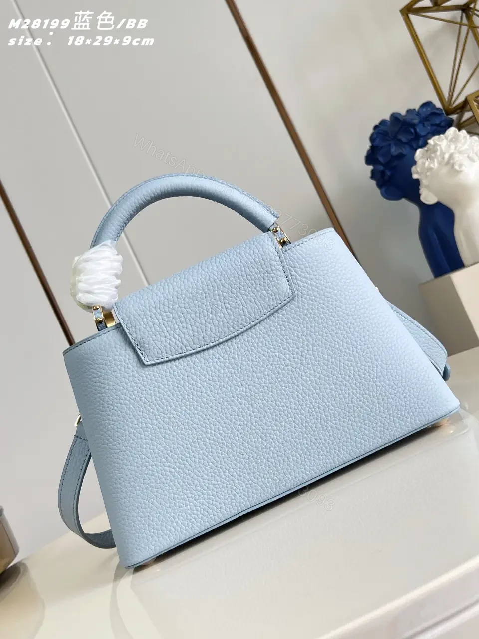 View 2 of Soft Blue Pebbled Leather Satchel with Pearl Chain Accent