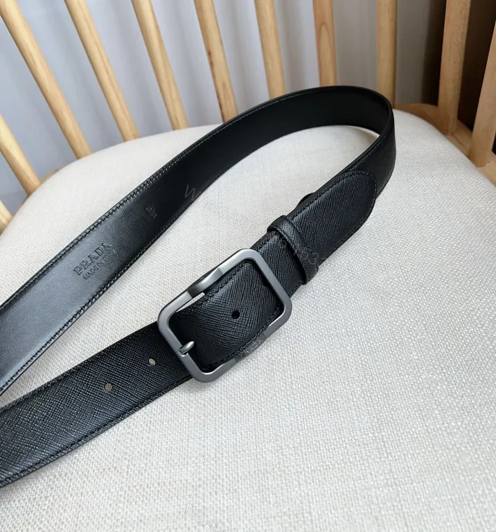 View 3 of Minimalist Black Leather Belt with Prada-Style Hardware Luxury Belt