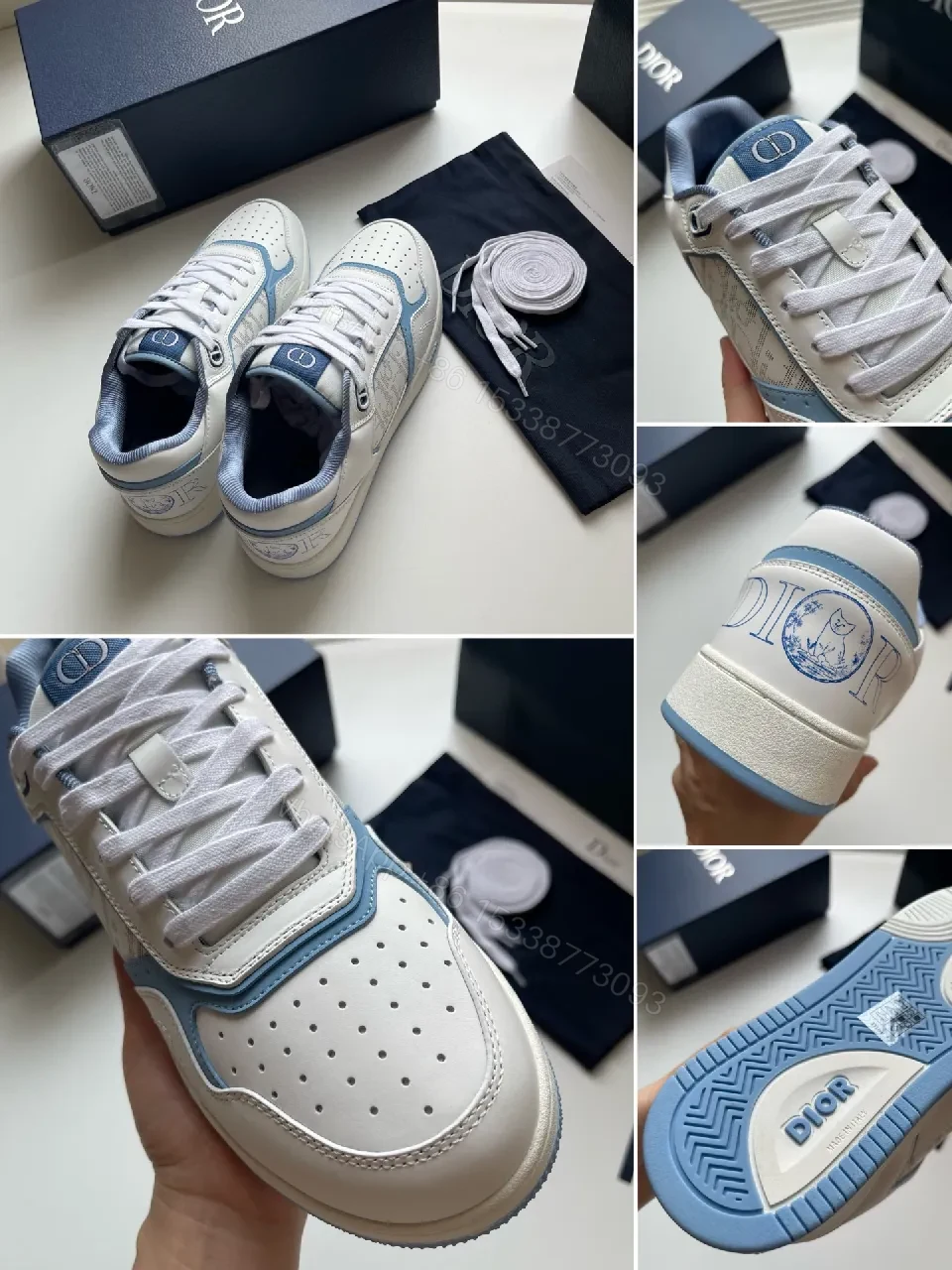 View 6 of White & Ice Blue Leather Sneakers: Subtle Luxury Trainer