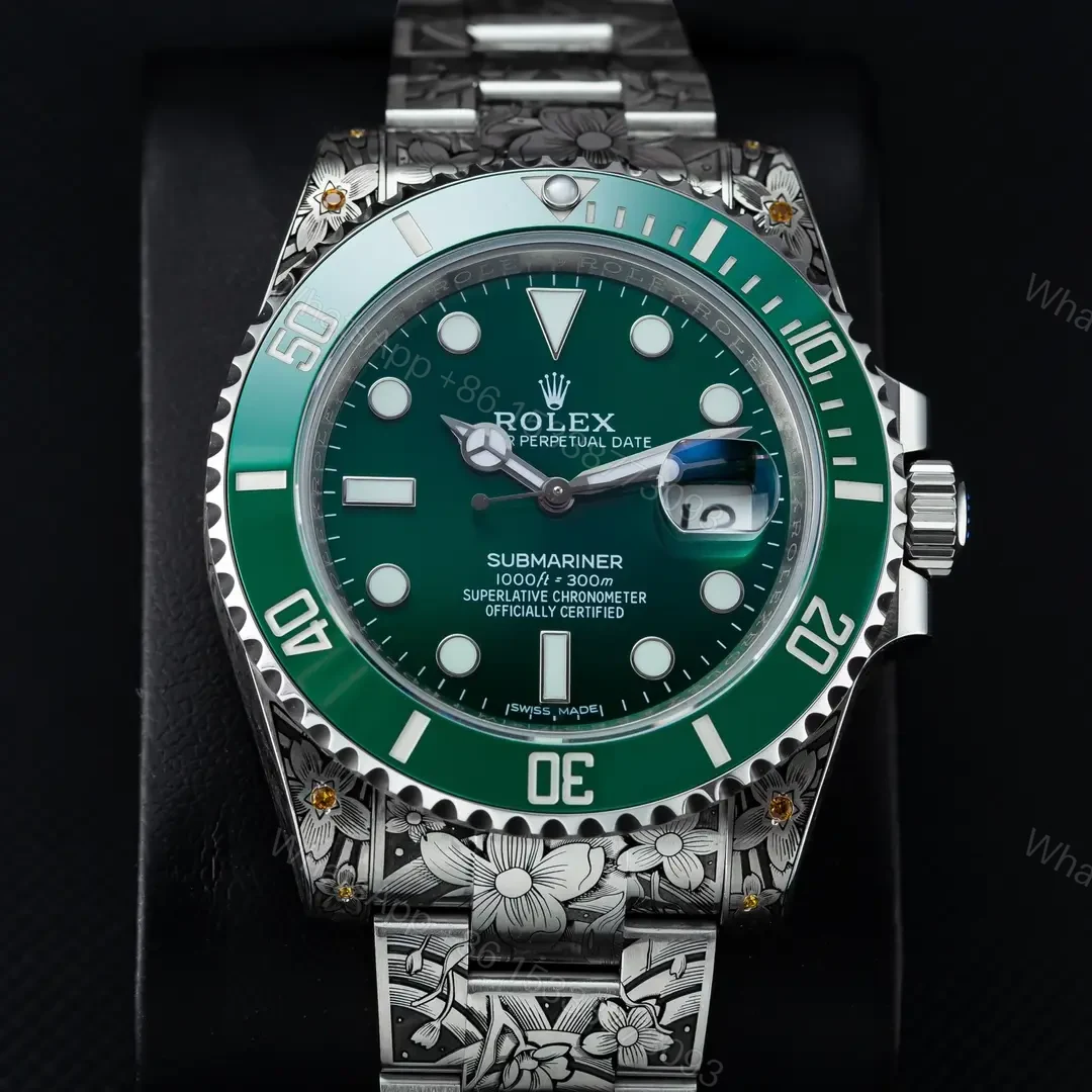 Super Clone Rolex Submariner Green Dial Engraved Oyster Bracelet Premium 40MM ROL-SUB-GRN-ENG-OYS-40-RG — view 1