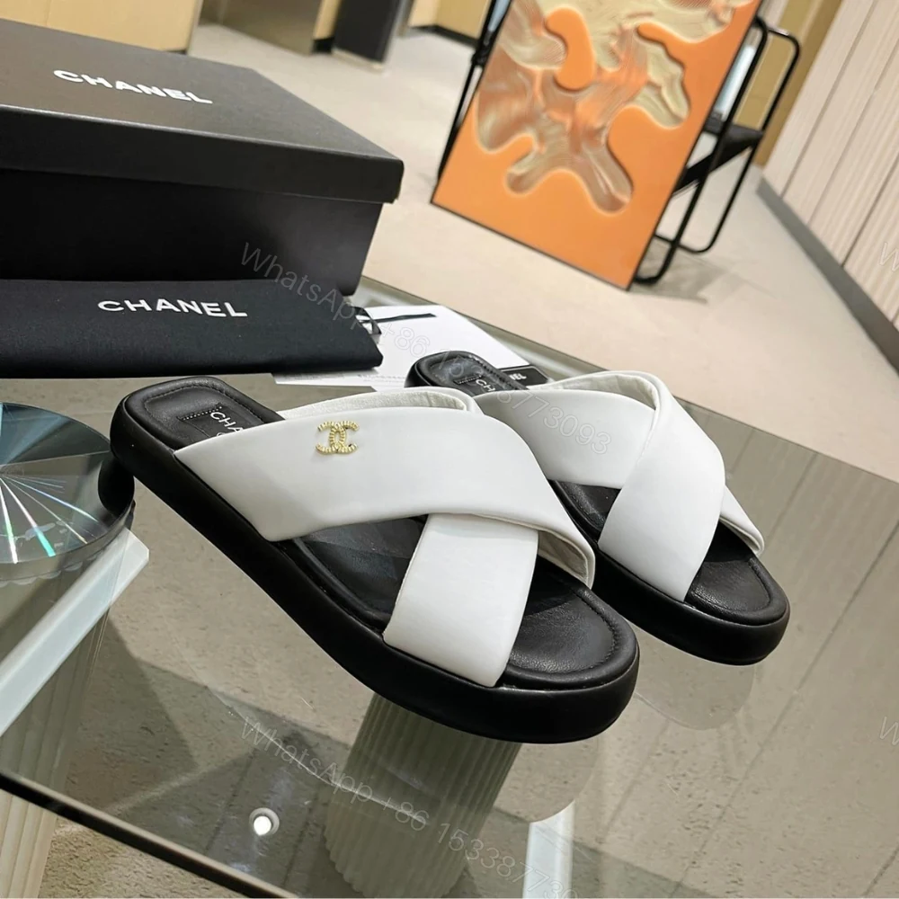 View 4 of Chanel CC Logo Criss Cross Slides White