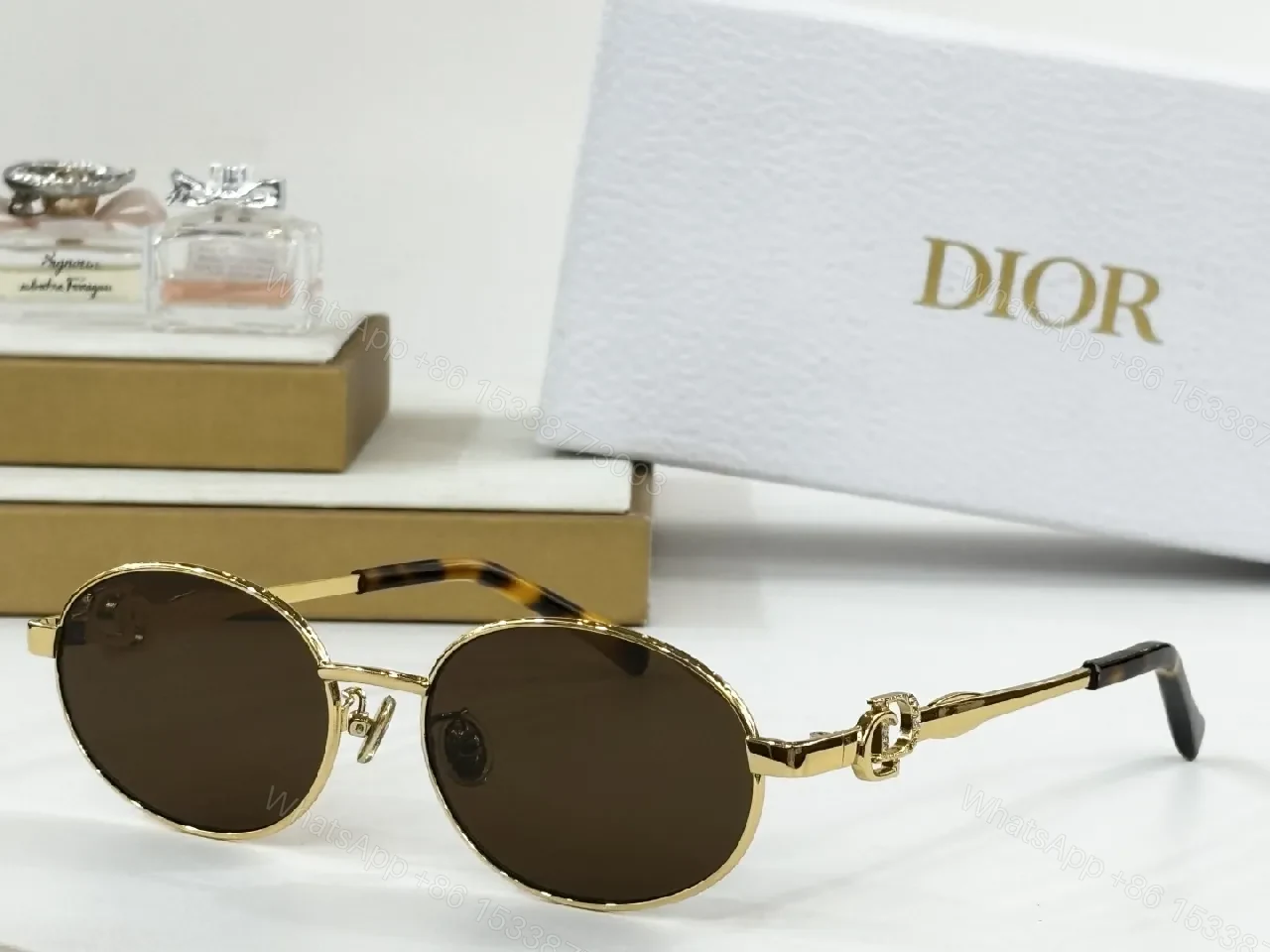 View 4 of Elegant Gold Round Sunglasses with Dior Pattern Monogram