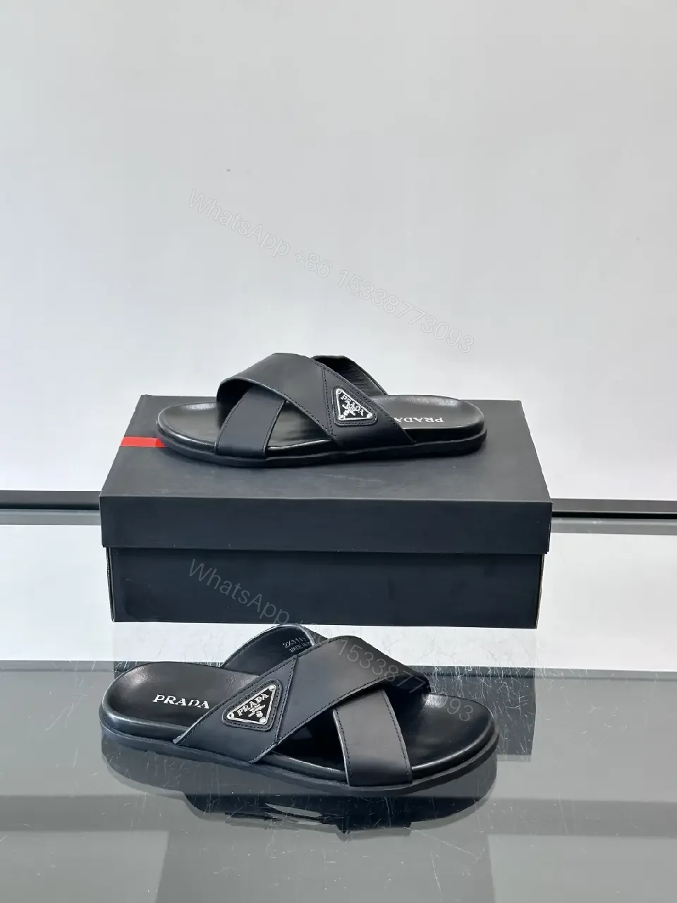 View 9 of Black Leather Slides Prada Logo Slide Sandals Comfort Fit Sandals