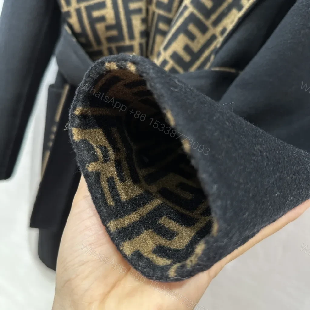View 4 of Bold Wool-Blend Wrap Coat with Logo-Pattern Overlay