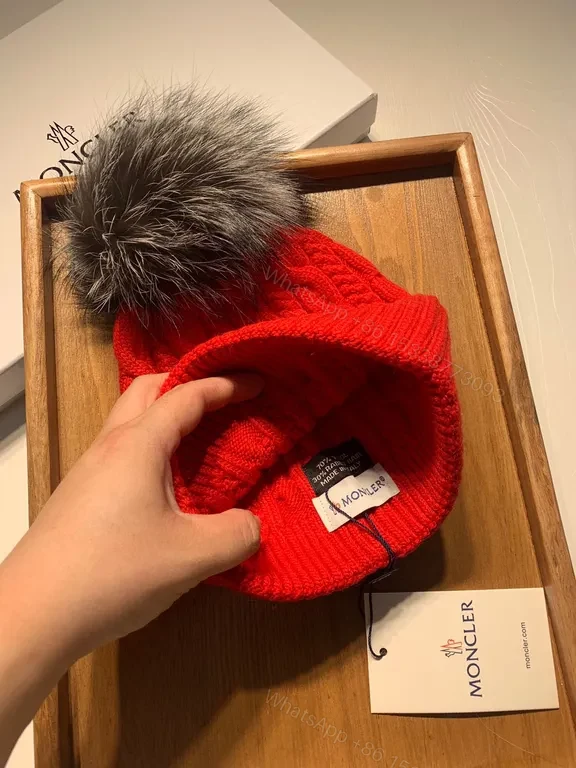 View 2 of Red Knit Beanie with Luxe Pom-Pom - Moncler Style, Premium Warmth