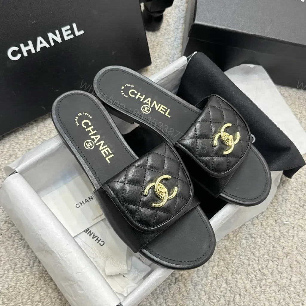 Quilted Leather Slides with Gold Logo, Luxe Casual — view 1