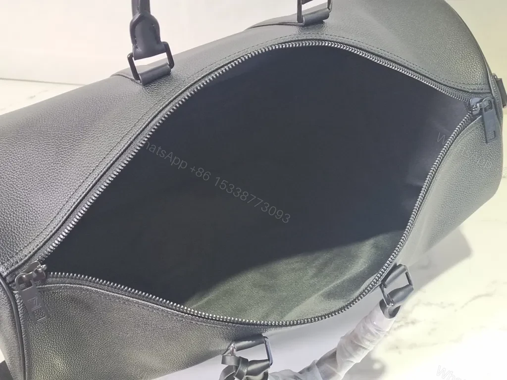 View 4 of Executive Black Duffle: Pebble Leather, LV-Inspired Travel Bag