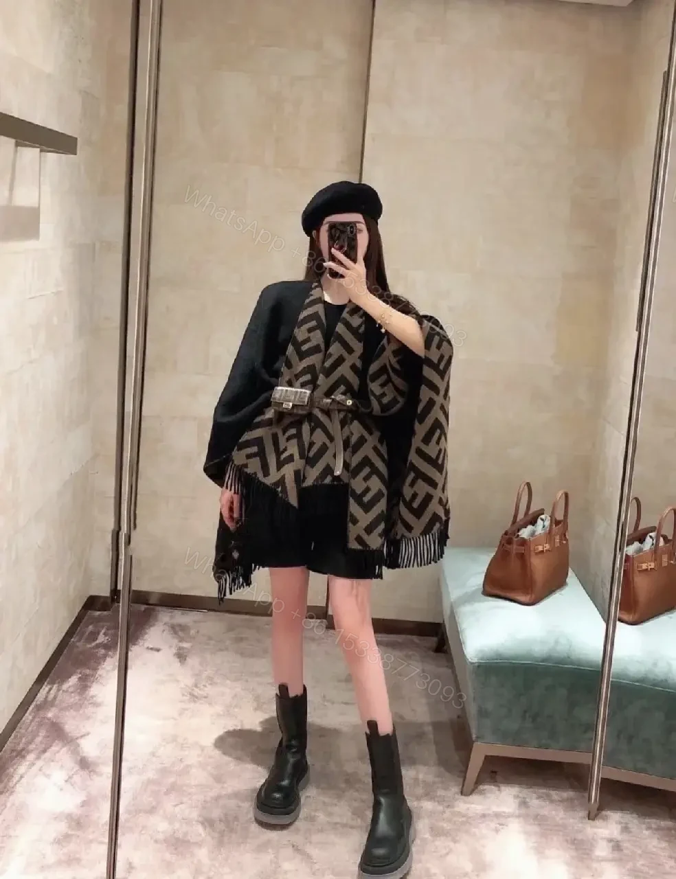 View 3 of Chic Monogram Wool Poncho with Fringe Details